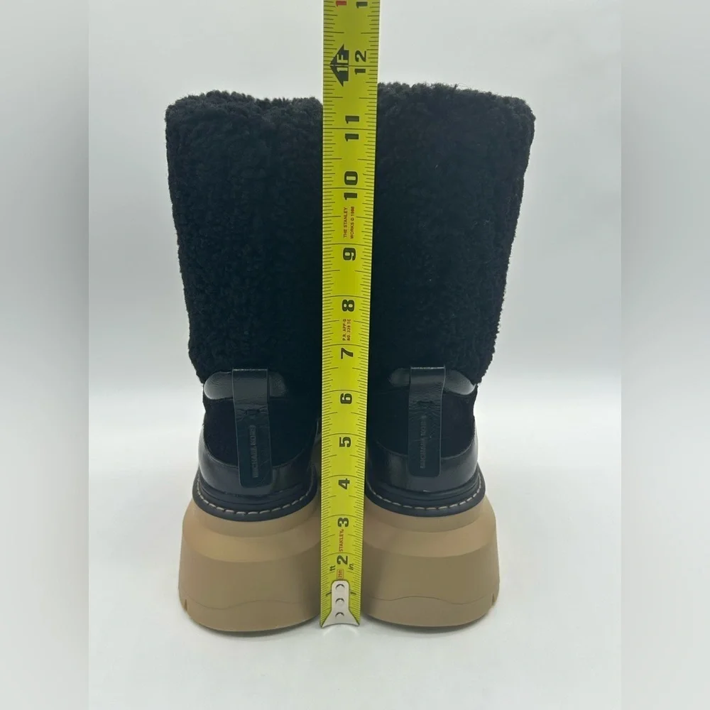 Michael Kors Shiloh Black Leather Faux Shearling Lug Sole Boots US 8.5 NWB